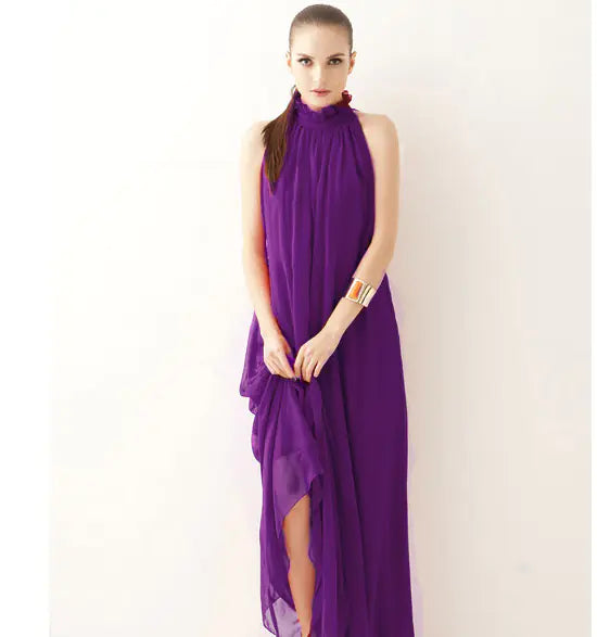 Bohemian Halter-Neck Maxikleid aus Chiffon, violett, mit hohem Kragen und Volants