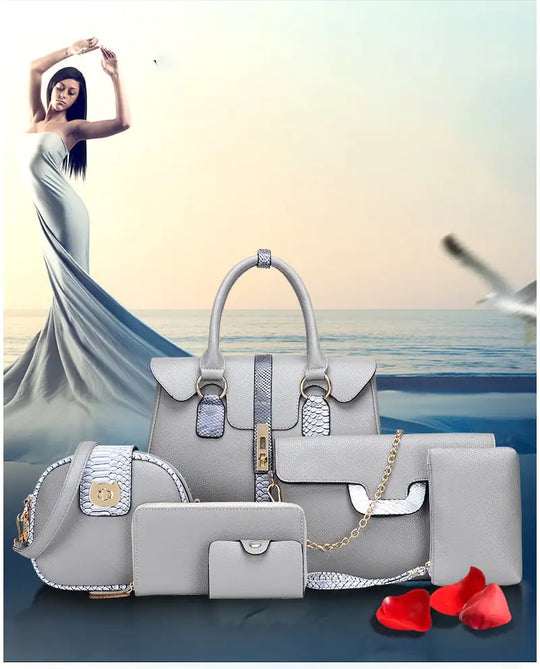 Grey snake-print shoulder bag set: top handle, flap front, chain strap