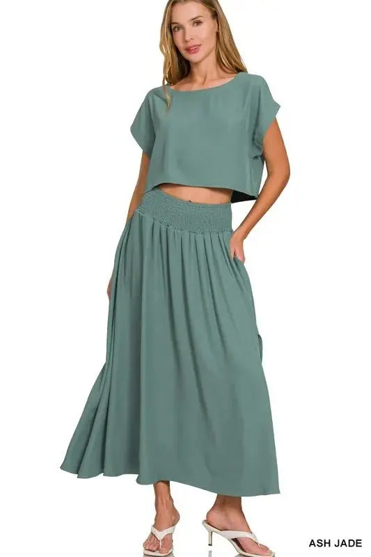 Crop top &amp; tiered maxi skirt set, Ash Jade woven fabric